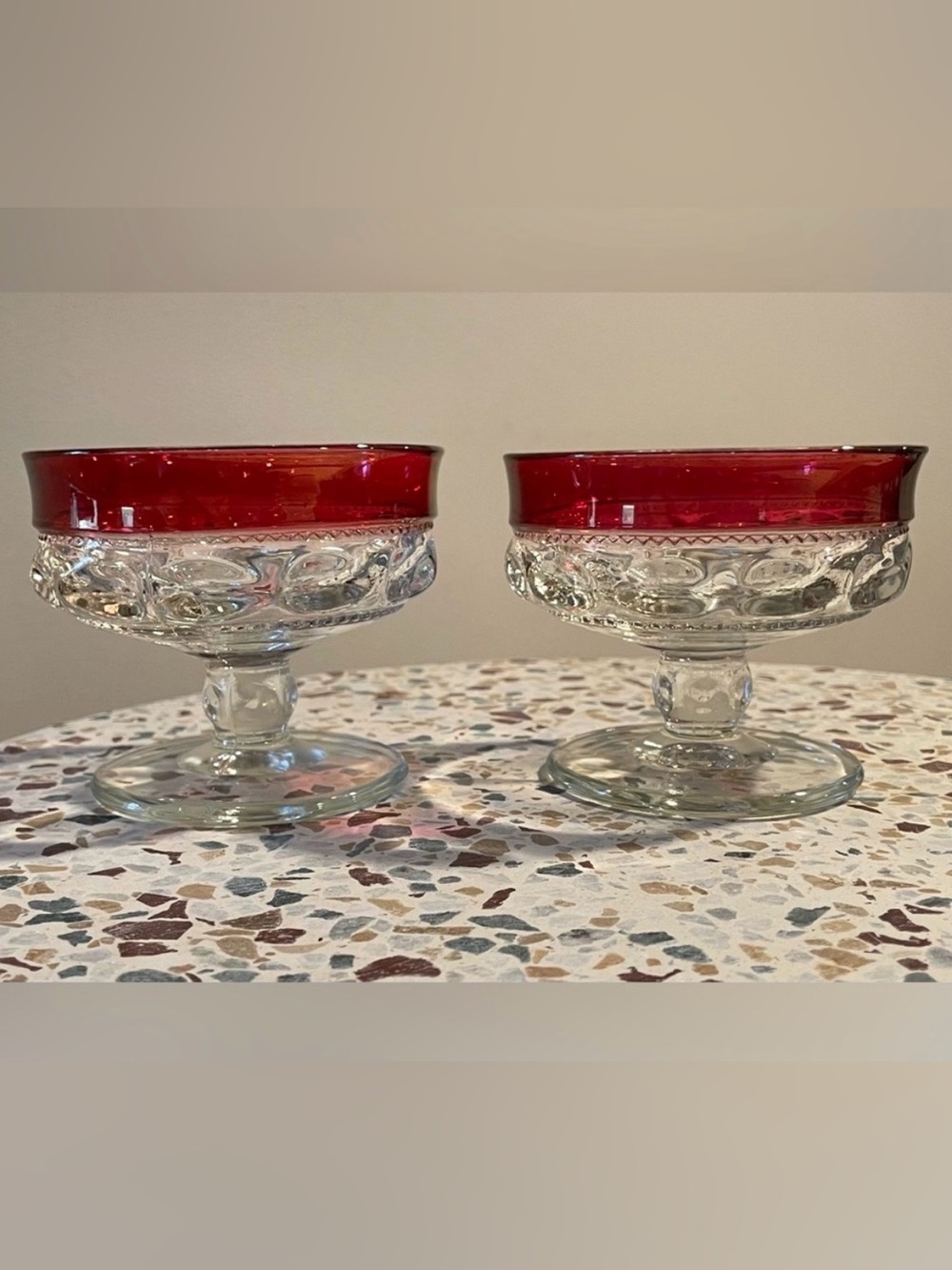 ☀️2/$20 Pair (2) Indiana Glass Ruby Red King’s Crown Thumbprint Sherbet Cups
